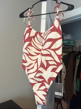 Women’s Red and Cream Printed One-Piece Swimsuit